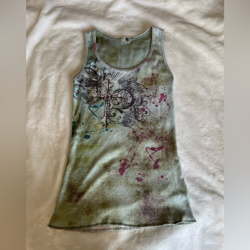 One World Y2K green purple multicolored bedazzled tank top